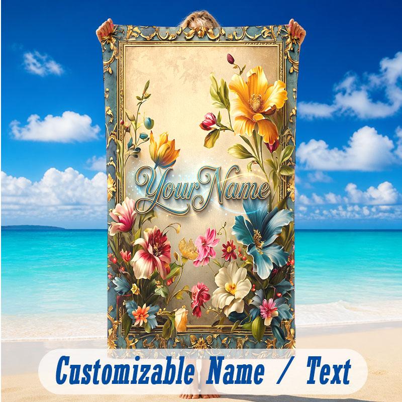Floral Garden Theme Beach Towel Personalized Custom Name & Text Soft Quick Dry Beach Towel for Swimming Travel