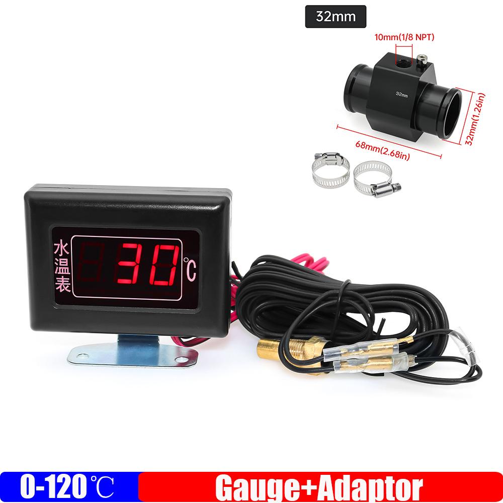ZMFJH Mini 0-120 Celsius Digital Water Temperature Gauges with Flashing Alarm+Temp Adaptor 26-40mm Red LED for Car Truck 12V 24V