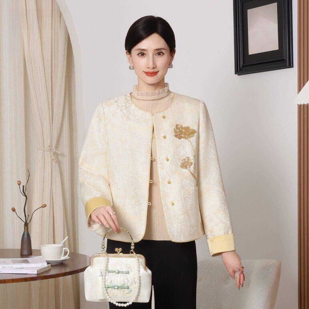 

Mother s Day Spring Jacket - Chinese Style Round Neck Cardigan for Middle-Aged and Elderly Moms 4XL (recommended for 135-150 lbs)