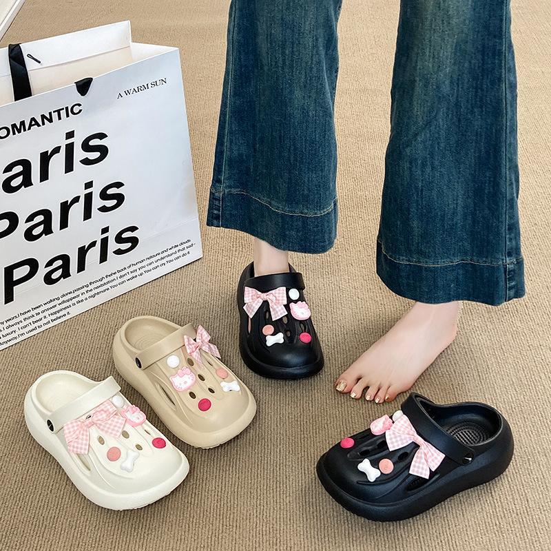 Fashion Cartoon Cute Bow Cave Shoes For Women 2025 Summer New Students Wear Sweet Cool Sandals Outside Thick Soled Womens Slippers