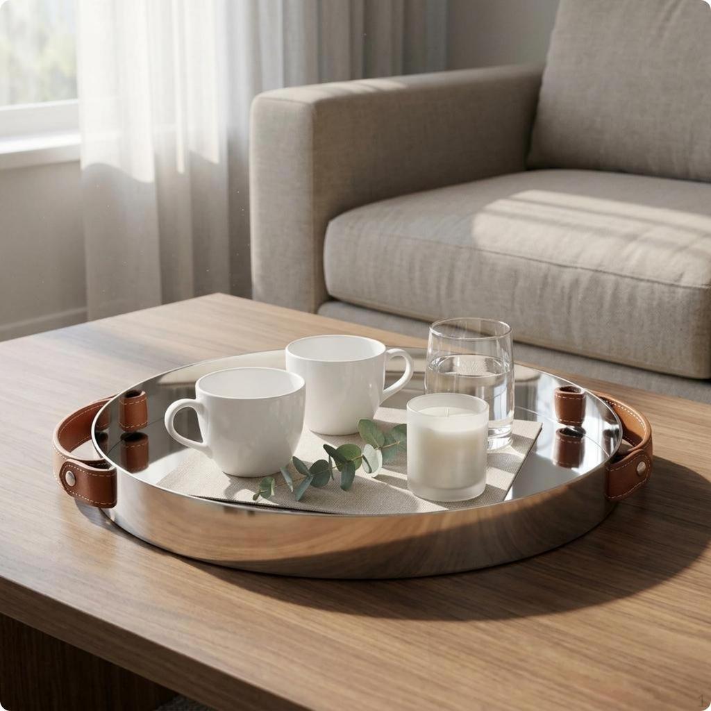 Leather Handled Tray Stainless Steel Mirrored Shallow Rimed Serving Platter for Tabletop