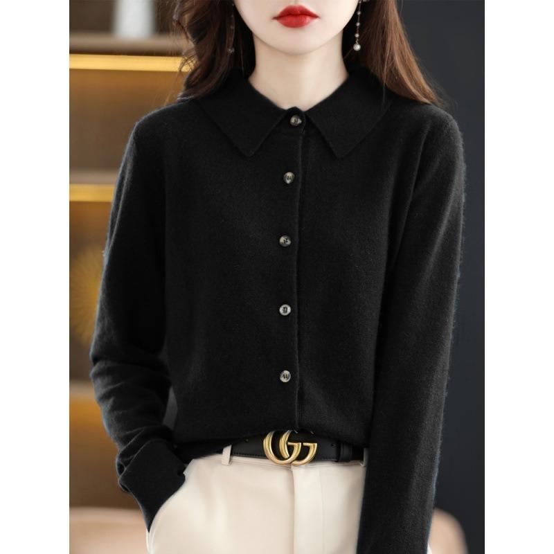 Spring Lapel Knitted Shirt with Loose Long-sleeved Sweater, New Cardigan Temperament Lapel Jacket As a Base