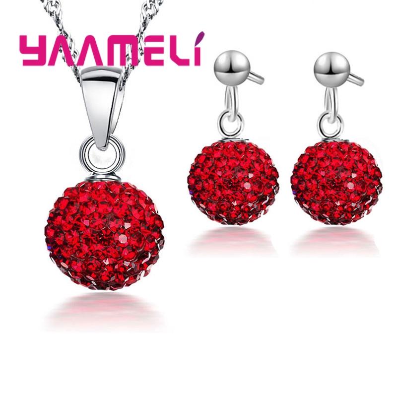 925 Sterling copper Stamped Bridal Zircon Sets Women Girls Wedding Gifts Austrian Crystal CZ Disco Ball Necklace Hoop Earrings