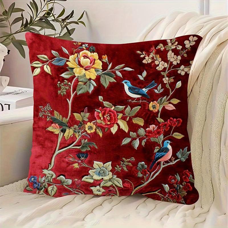 Vintage Red Floral Bird Pillow Cover Faux Embroidery Style Peony Print Elegant Cushion Case For Sofa Bed Couch Home Decor