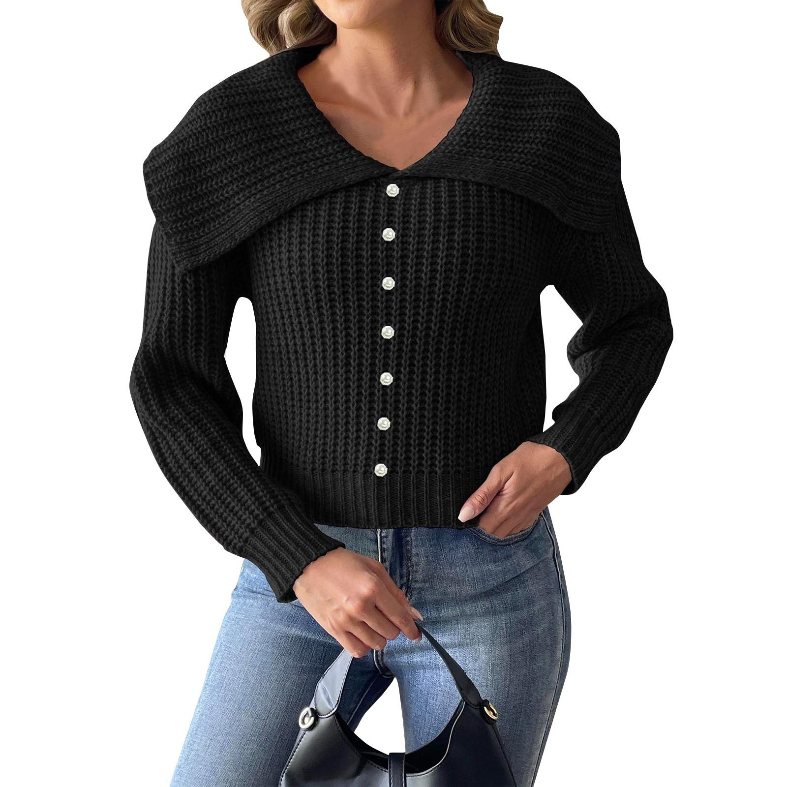 

Женский и зимний короткий топ с жемчужным гвоздем и жемчужным свитером с большим воротником, свитер-пуловер L чёрный