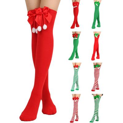 1 çift Kadın Çizgili Baskı Diz Üzerinde Çorap Düz Renk Ilmek Dekor Uyluk Yüksek Çorap Yüksek Elastik Noel Çorap