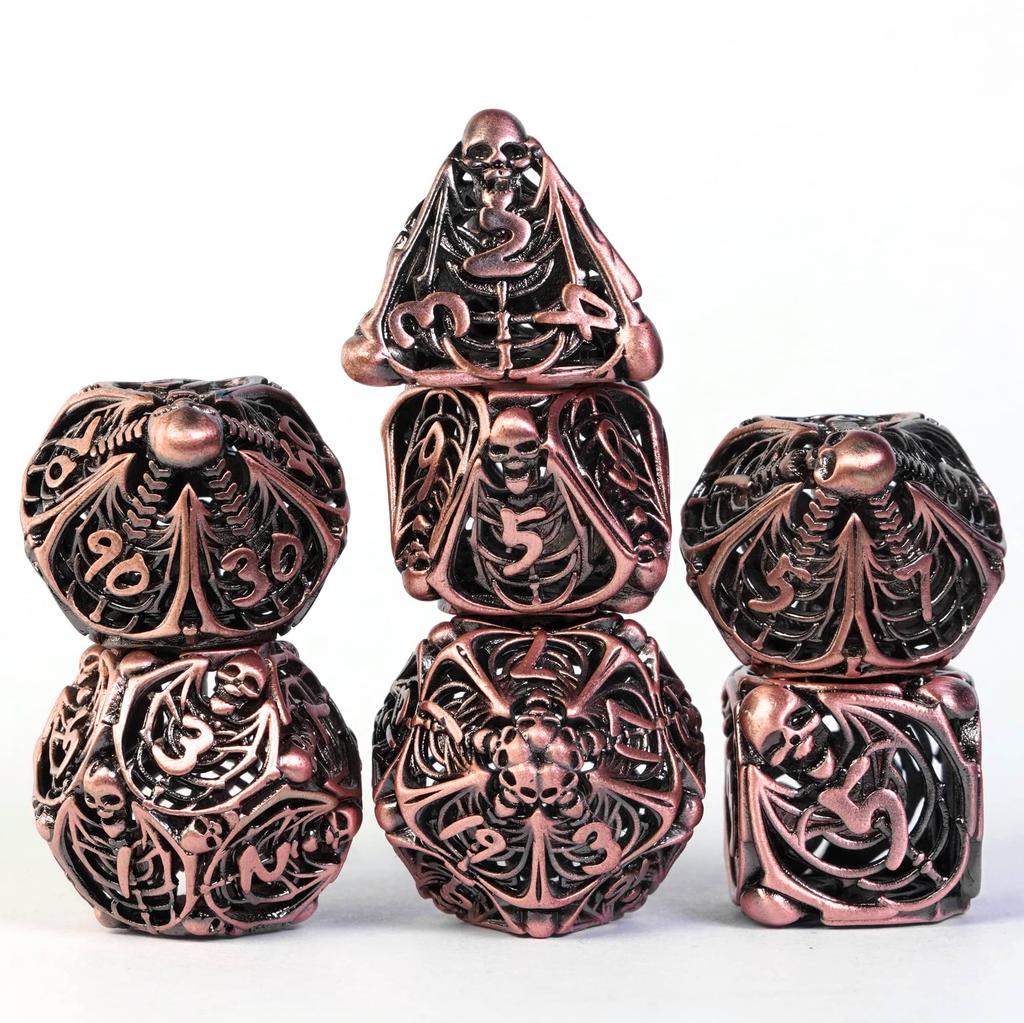 Cusdie Skelett Hohl DND Würfel Metall 7 Stück D4-D20 Polyedrisches Würfelset für Dungeons and Dragons Rollenspiel Pathfinder
