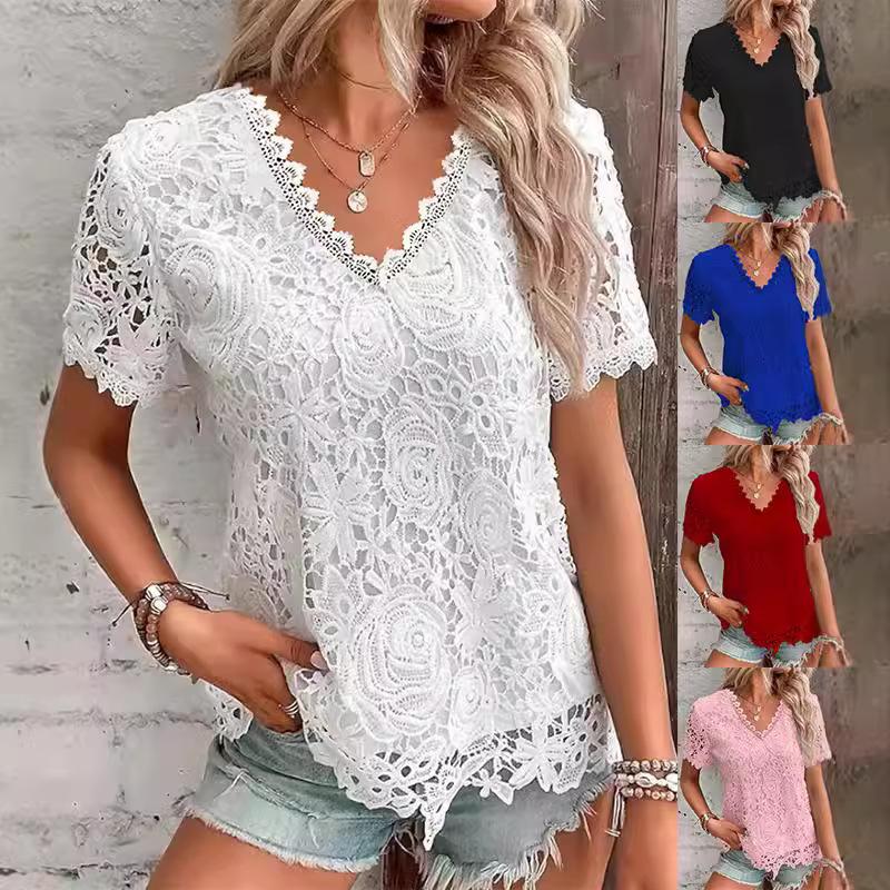 Summer Women's Daily Comfortable Solid Color Lace Short Sleeved Top Solid Color Pattern Fashionable Breathable V-neck Short Sleeved T-shirt