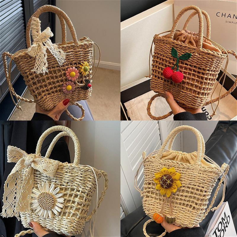 Women Straw Woven Handbag Daisy Flower Lace Bow Summer Beach Bag Small Tote Crossbody Boho Style Shoulder Bag