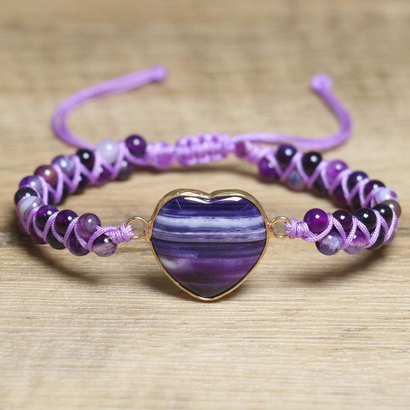 Purple Stripe Agate Heart & Amethyst Beaded Bracelet – Gold Accent Adjustable Boho Jewelry, Love Calm Gift for Women