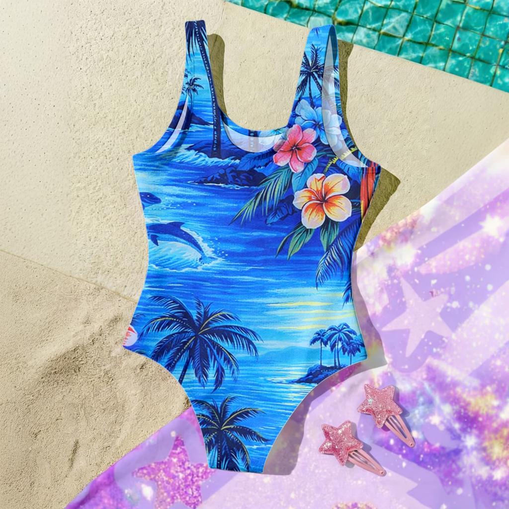 Girls One Piece Swimsuit Palm Tree Print Summer Beach Swimwear Lightweight Quick Dry Bathing Suit for Kids
