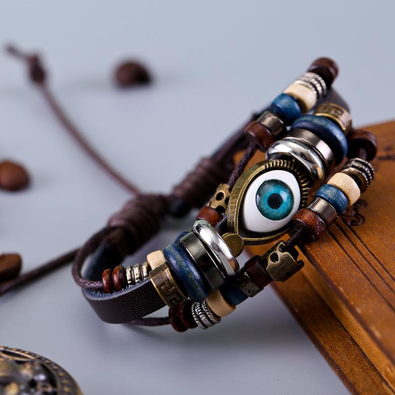 1PC Handmade Couple Retro Bracelet Craft Jewelry Multi-layer Cowhide Eye Woven Jewelry