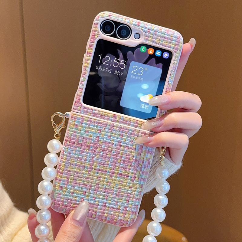 For Samsung Galaxy Z Flip 7 6 Colorful Woven Texture with Pearl Necklace Drop Anti Fingerprint Phone Case
