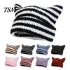 Lightweight Cat Ear Beanie Autumn Winter Outdoor Warm Knitting Caps Cute Striped Hat No Brim Fashion Thickened Stretchy Headwear Wool Yarn Knitted