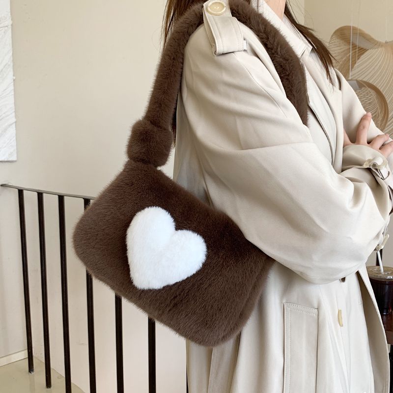 

Autumn and winter love wool bag single shoulder oblique bag mobile phone change bag plush women s bag love small square bag Imitation mink love bag