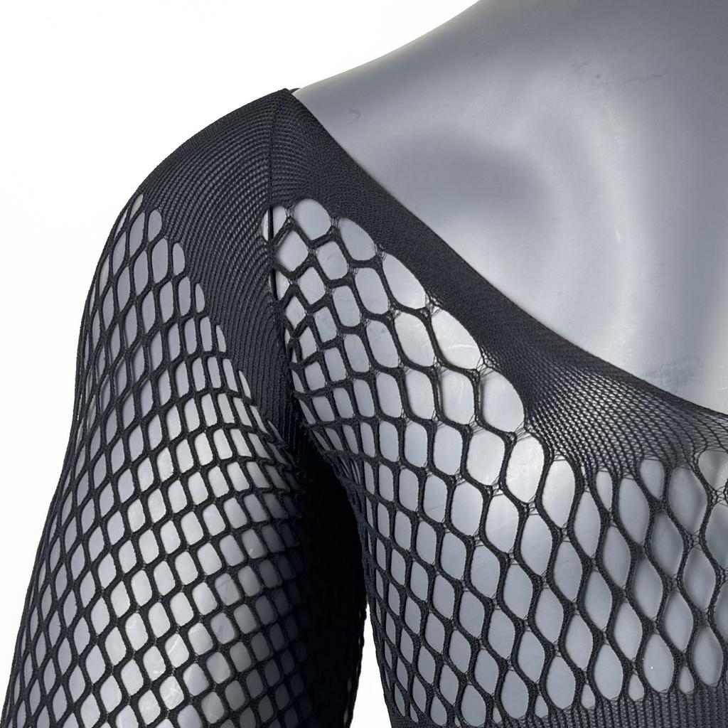 Men's Sexy One-Piece Elastic Lingerie Fishnet Gay Long-Sleeved Hip Tights V Neck Black Erotic Clothes