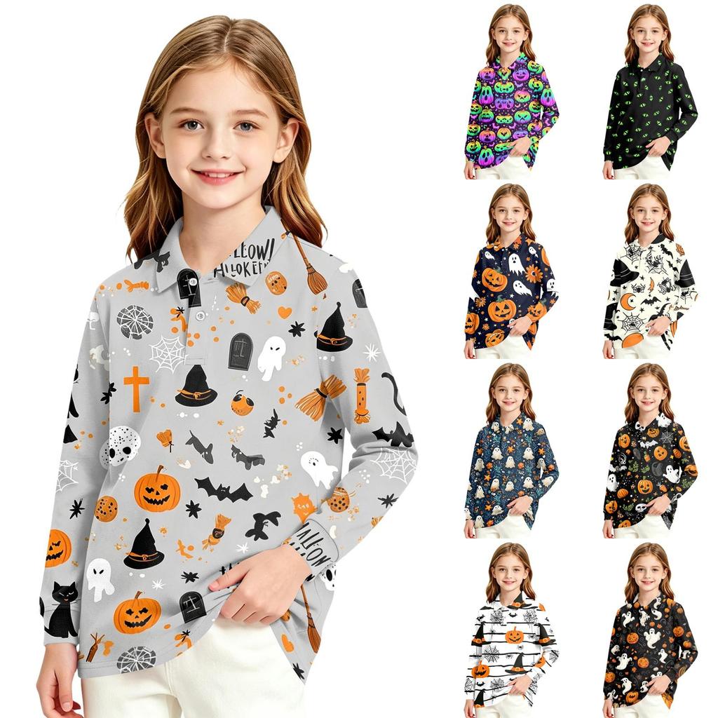 Girls School Uniform Long Sleeve Top with Halloween Print