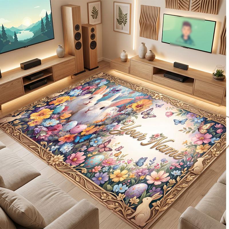 Floral Garden Theme Crystal Velvet Floor Rug Personalized Custom Name Text Warm Carpet Home Decoration