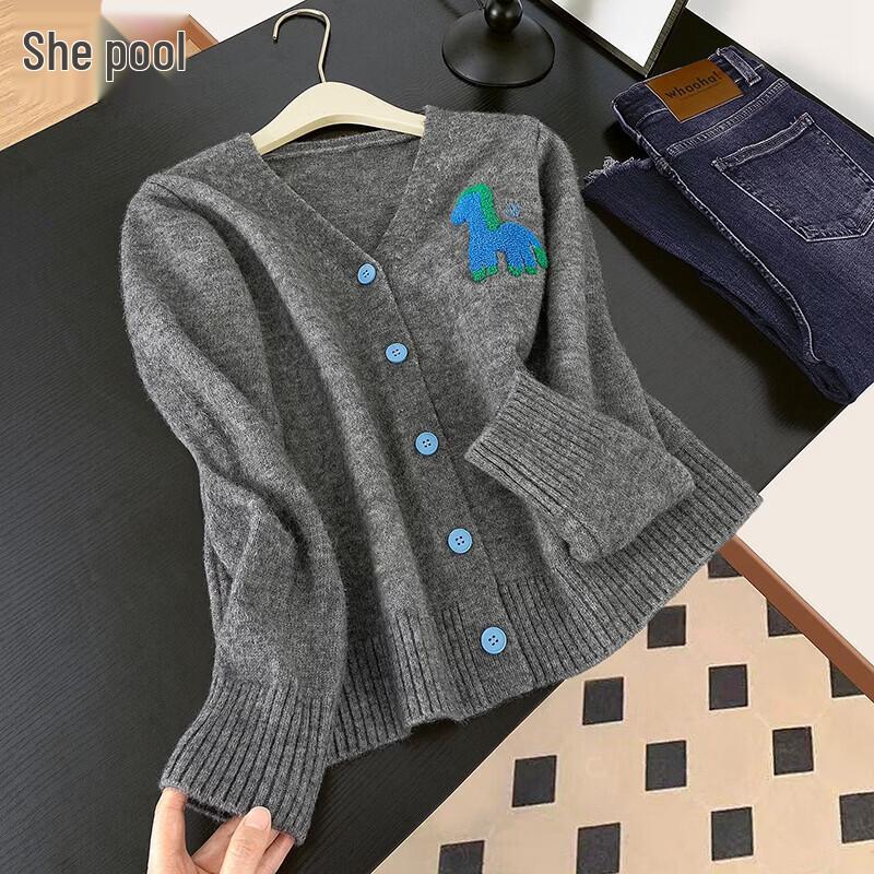 She Chi Women s Pony Embroidery V-Neck Knitted Cardigan One Size