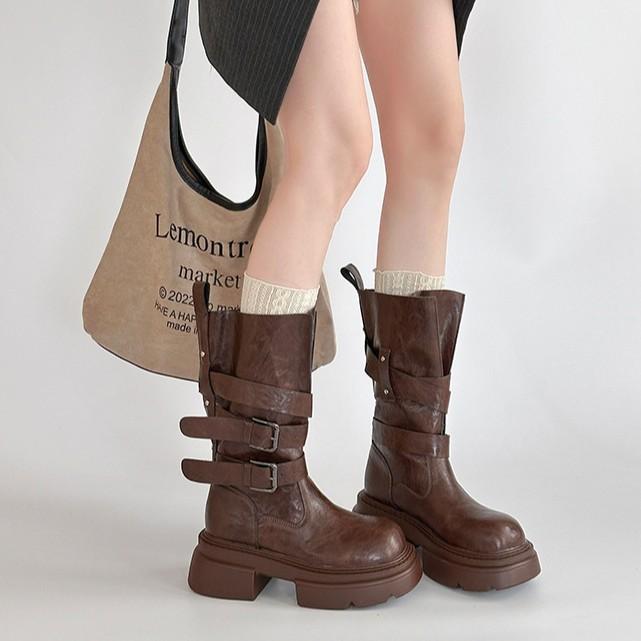 Retro versatile high-heeled leather boots texture thick-soled Martin boots women's autumn and winter British style small thick-heeled fashion boots