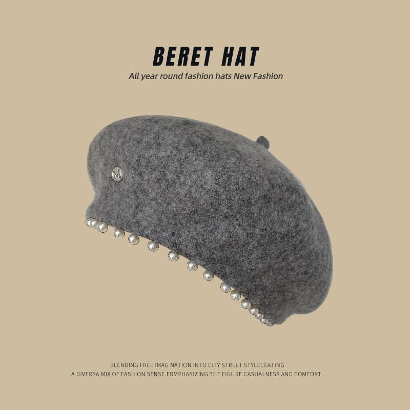 Temperament Pearl Water Diamond Beret Women's Autumn/Winter British Retro Korean Japanese Painter's Hat
