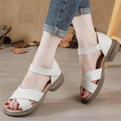 Genuine Leather Summer Women's Shoes Thick Heels Cowhide Women Sandals Female Casual Sandals Wide Feet Soft Sole Mother's Shoes