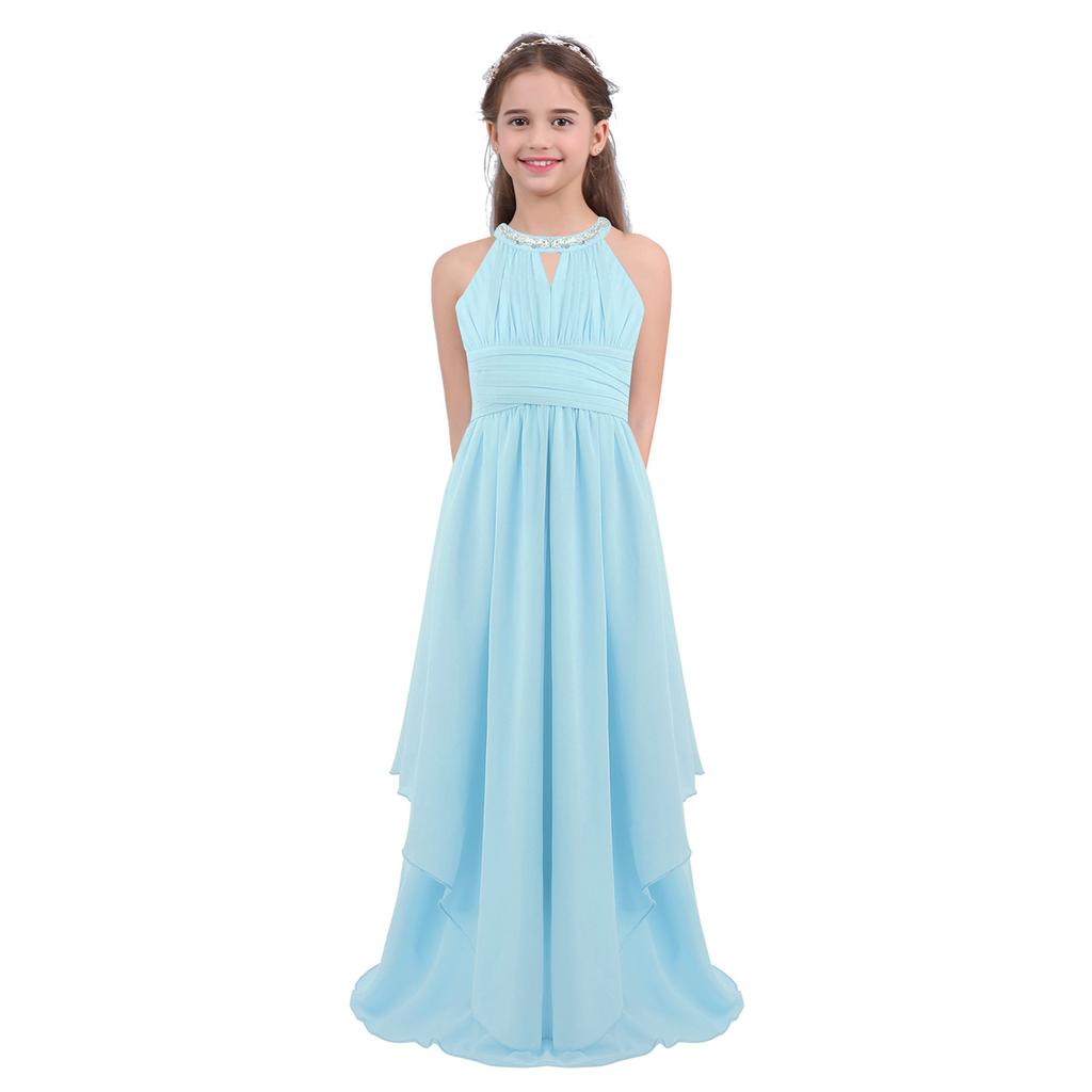 Kids Girls Sequined Neckline Chiffon Girls Flower Dress Junior Wedding Dance Party Graduation Gowns