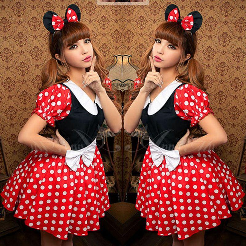 Elegantes Sexy Damen Kostüm für Erwachsene mit Cartoon Minnie Maus und Punkten für Halloween