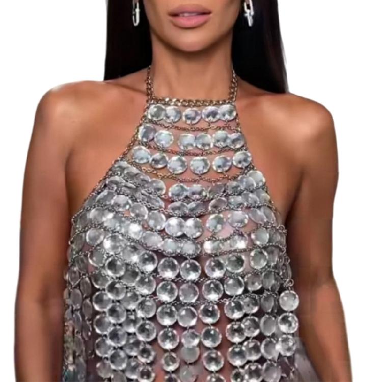 

Gemstones Body Chain Camisole for Women Acrylic Crystal Tassels Backless Chest Chain Halterneck Crop Top Body Jewelry 1