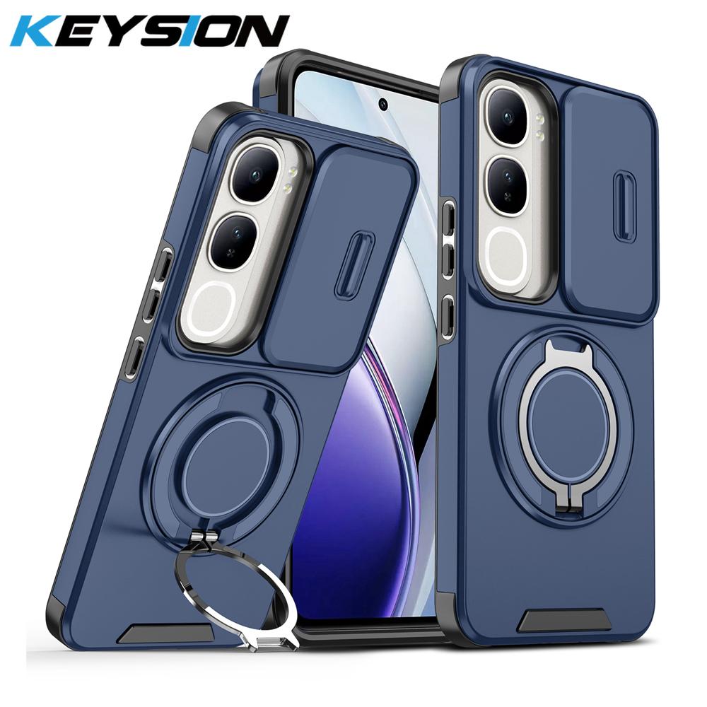 KEYSION 360° Ring Stand Phone Case for VIVO V40 SE 80W V40 Lite Slide Camera Protection Magnetic Shockproof Cover for VIVO Y200 5G