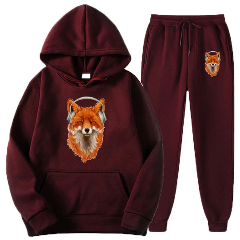 Cute Smiling Musical Fox Print Men Women Tracksuit Sets Casual Hoodie+Pants 2pcs Sets Oversized Pullover Fashion Unisex Clothing