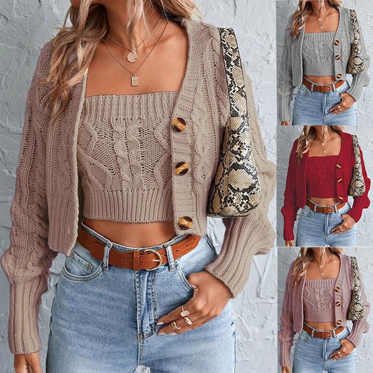 

2025 autumn and winter new button women s slim solid color two-piece knitted cardigan women s sweater women s S чёрный