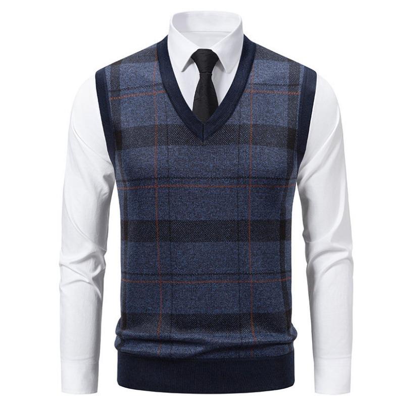 Men Thickened Fleece Plaid Loose Pullover Sleeveless Knit Sweater Vest
