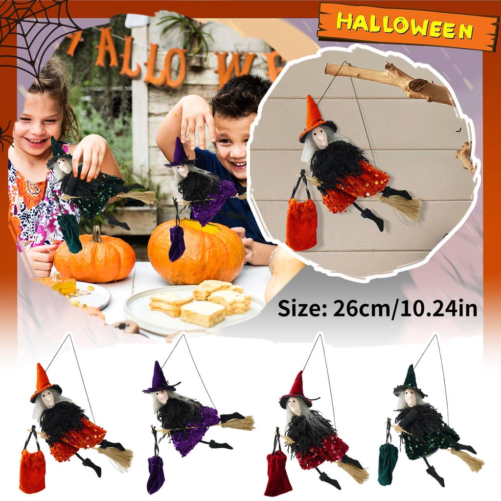 Halloween Witch Doll Hanging Pendants Magic Broom Witch Drop Ornaments Trick Or Treat Happy Halloween Day Party Decor