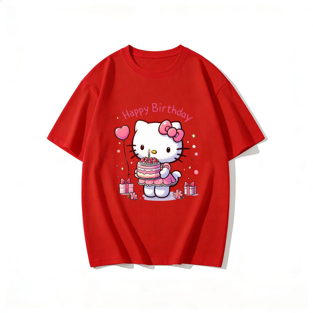 2026 New Hello Kitty Happy Birthday Cake Cartoon Print Tshirt Family Matching Outfits Casual Short Sleeve Tee for Women Unisex Kid
