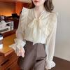 French Bowknot Lace Chiffon Shirt Spring Autumn Women's Shirt Fashion Versatile Ruffle Backing Shirt Top