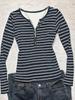 European & American Striped V-neck Long-sleeve Slimming T-shirt - Autumn/Winter Casual Korean Style