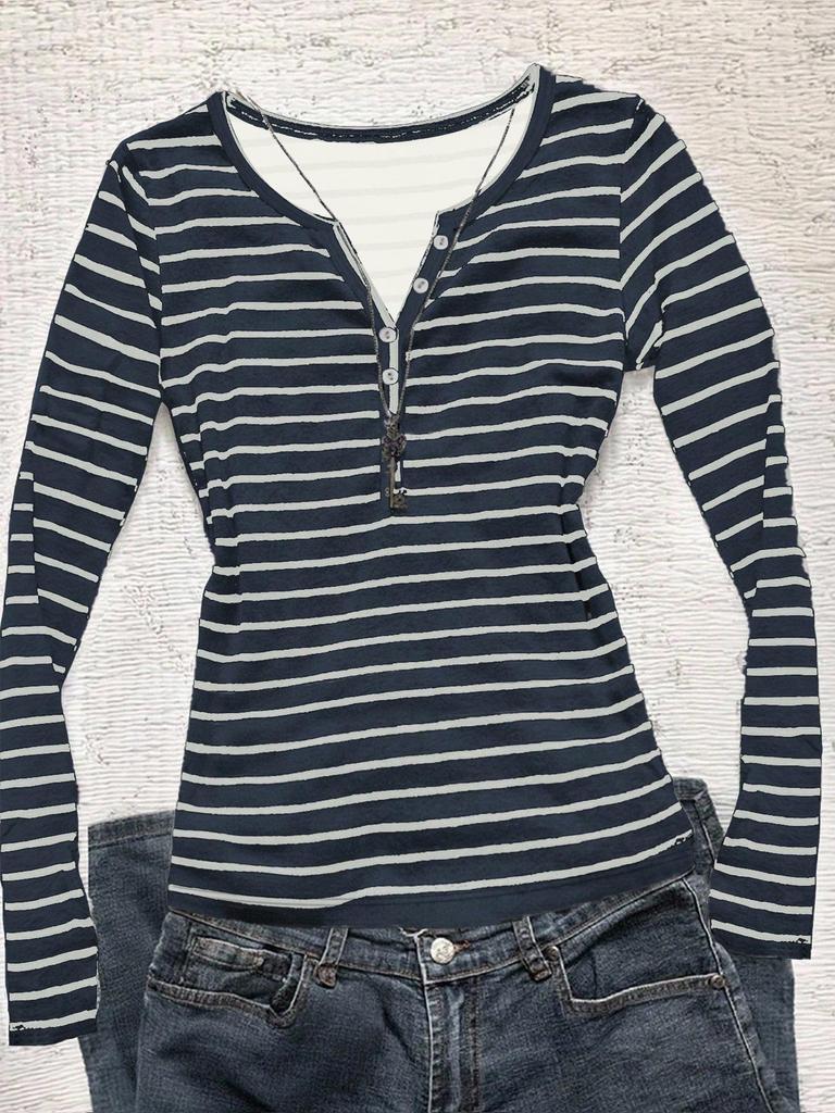 European & American Striped V-neck Long-sleeve Slimming T-shirt - Autumn/Winter Casual Korean Style