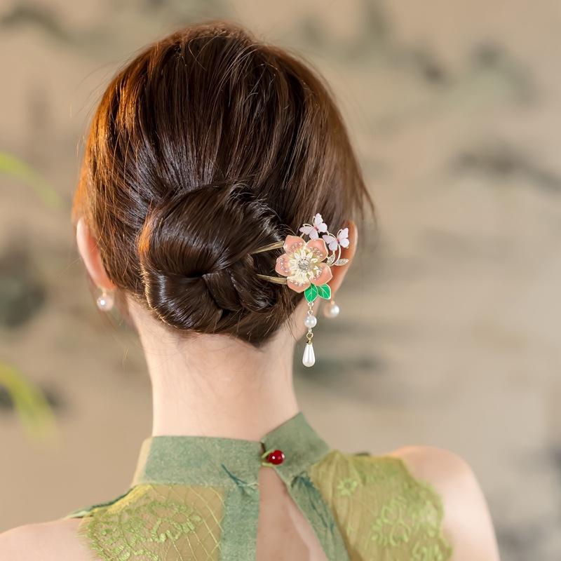 Antique Butterfly Flower Bamboo U-shaped Hairpin Super Fairy Retro Pearl Fringed Hairpin Hanfu Ancient Hairpin Accessories