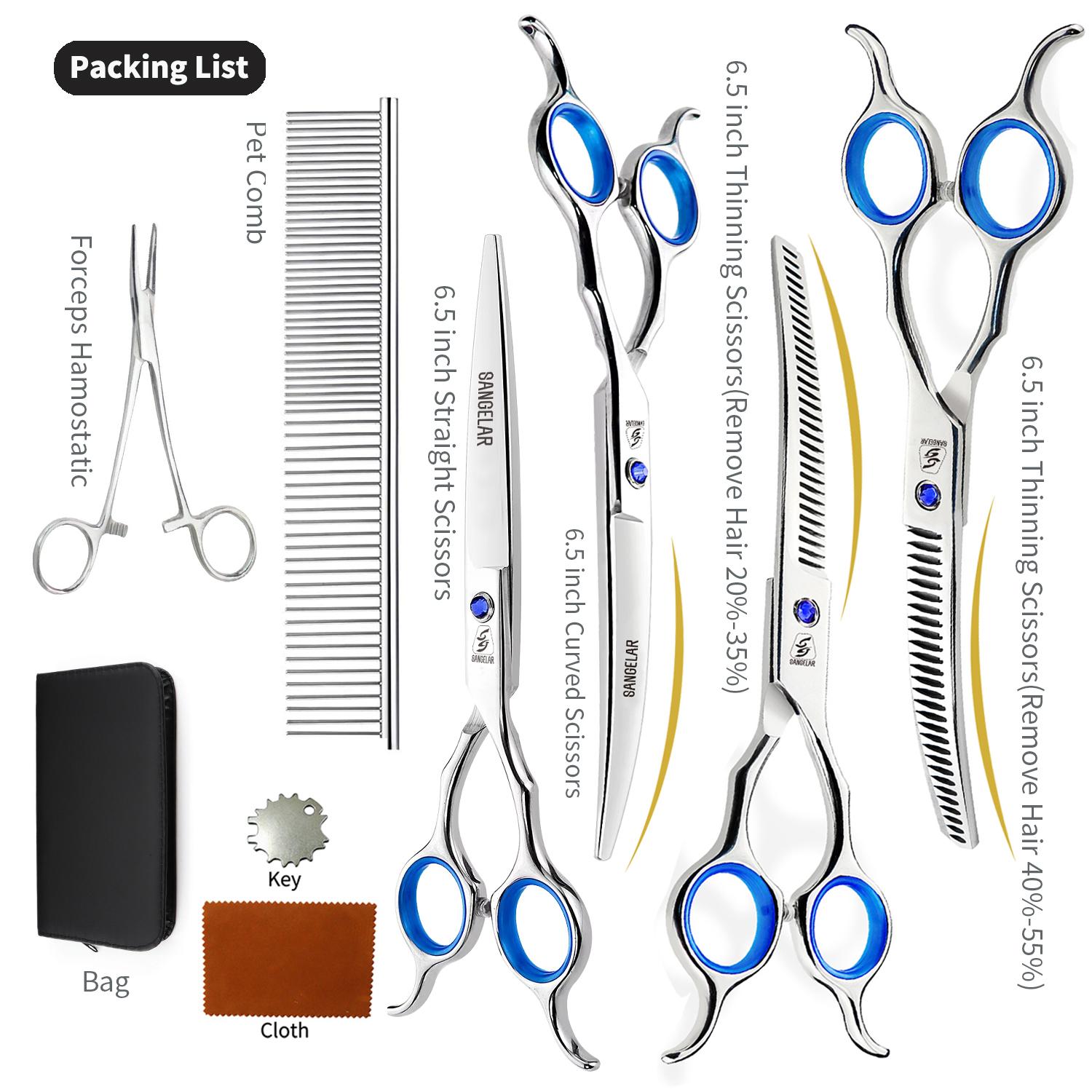 

SANGELAR Профессиональный набор для ухода за домашними животными длиной 6,5 дюйма, прямые и изогнутые ножницы, 2 филировочных ножницы (20%-55%), Кровоостанавливающий зажим, расческа и премиум-кейс 6.5 inch разноцветный