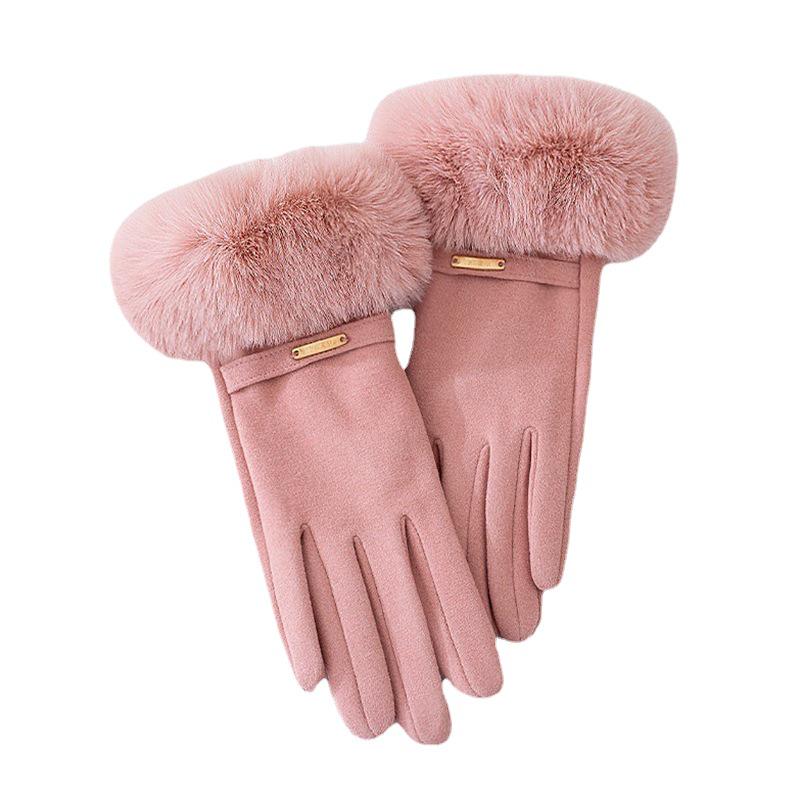 Women's Velvet Rabbit Fur Fleece-Lined Cycling Gloves - Warm, Non-Slip, Windproof, Thick Winter Gloves