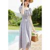 VICTORIA&VERA Women's Plaid Square Neck Puff Sleeve Midi Dress