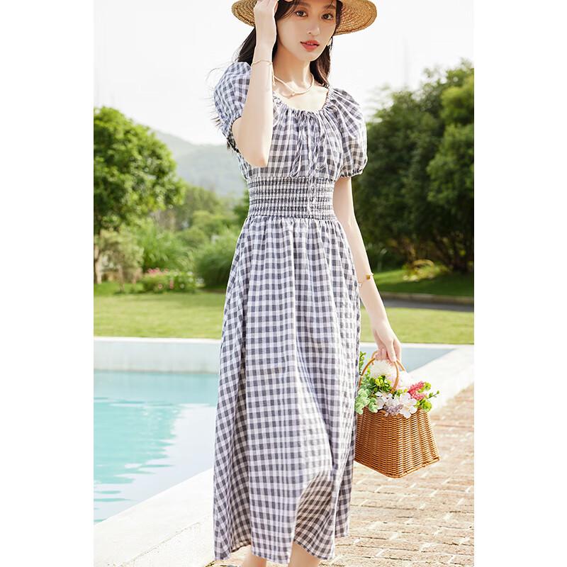 VICTORIA&VERA Women's Plaid Square Neck Puff Sleeve Midi Dress