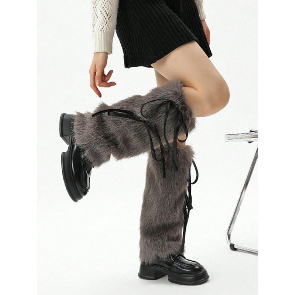 Women's Leg Warmers Autumn and Winter Warm Fur Plush Calf Socks with Bowknot Faux Fur Socks Mid-Tube Stacked Socks Boots