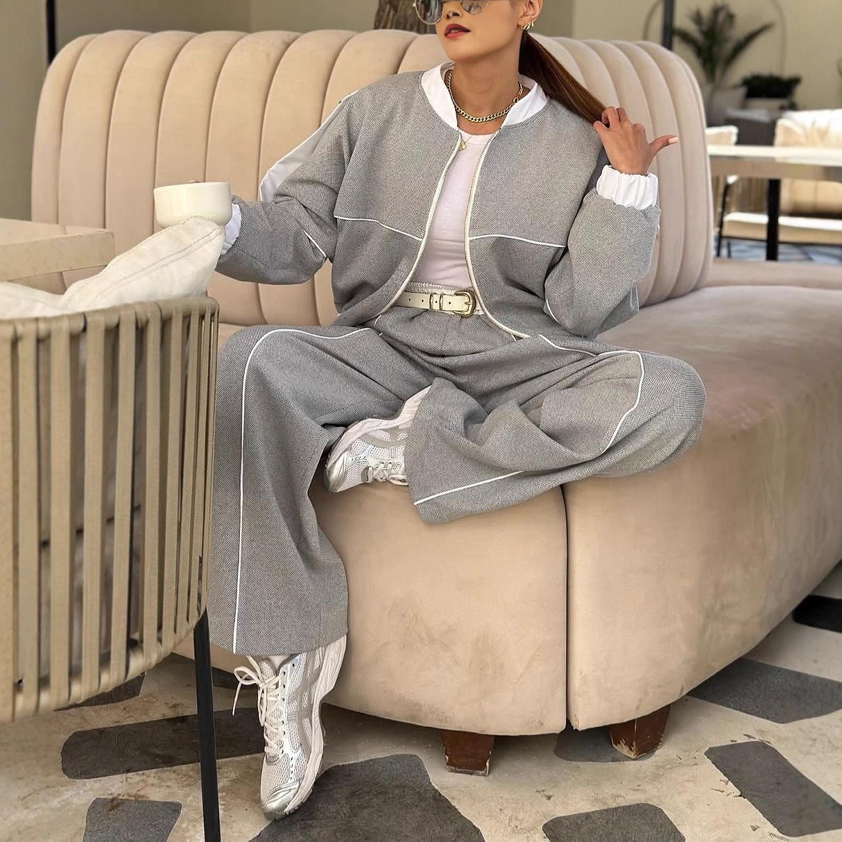 

Женский кардиган и брюки в европейском стиле на осень 2025 года, комплект из двух предметов XXL серебряный серый