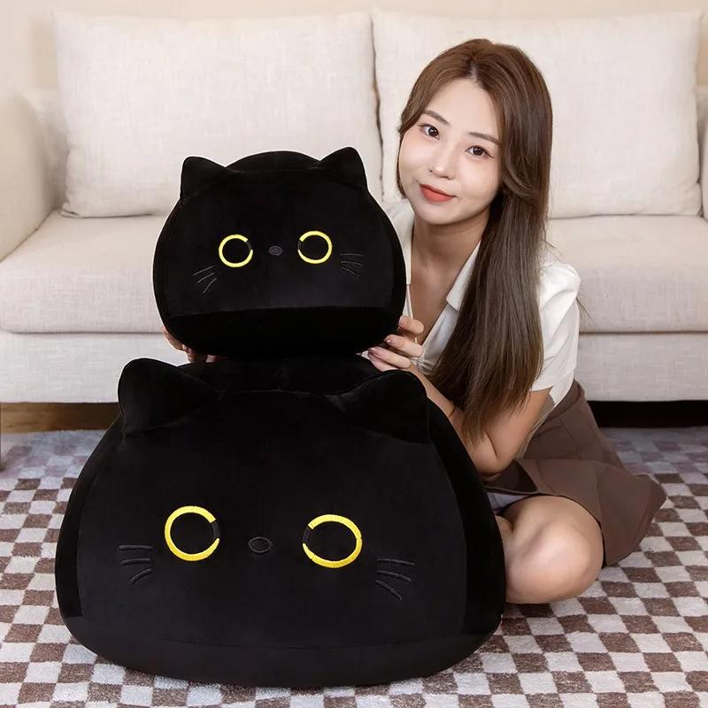 10/15/25CM Kawaii Cuddly Black Cat Plush Doll Cartoon Stuffed Round Ball Cat Plushie Girl's Bag Keychain Pendant Toys Ornaments