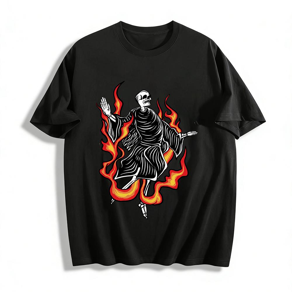 

Flaming Skeleton Monk Print Trendy Cool Casual Short Sleeve T-Shirt Pure cotton T-shirt 6XL