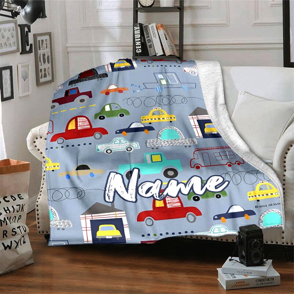 Custom Name Cute Cars Theme Printed Blanket - Perfect for Couch, Bed, Travel & Outdoor Use | Machine Washable, Cozy & Durable.