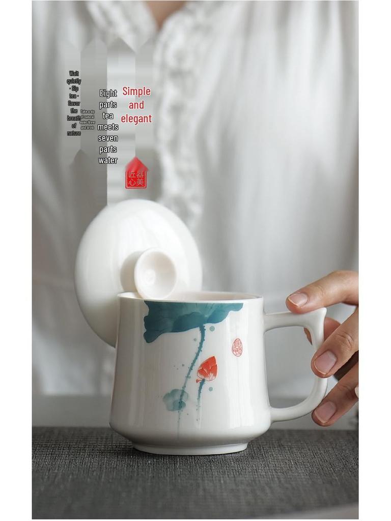 Jade Conference Sheep Fat Porcelain Tea Cup with Lid – White Ceramic Mug for Home and Office, Ideal Gift