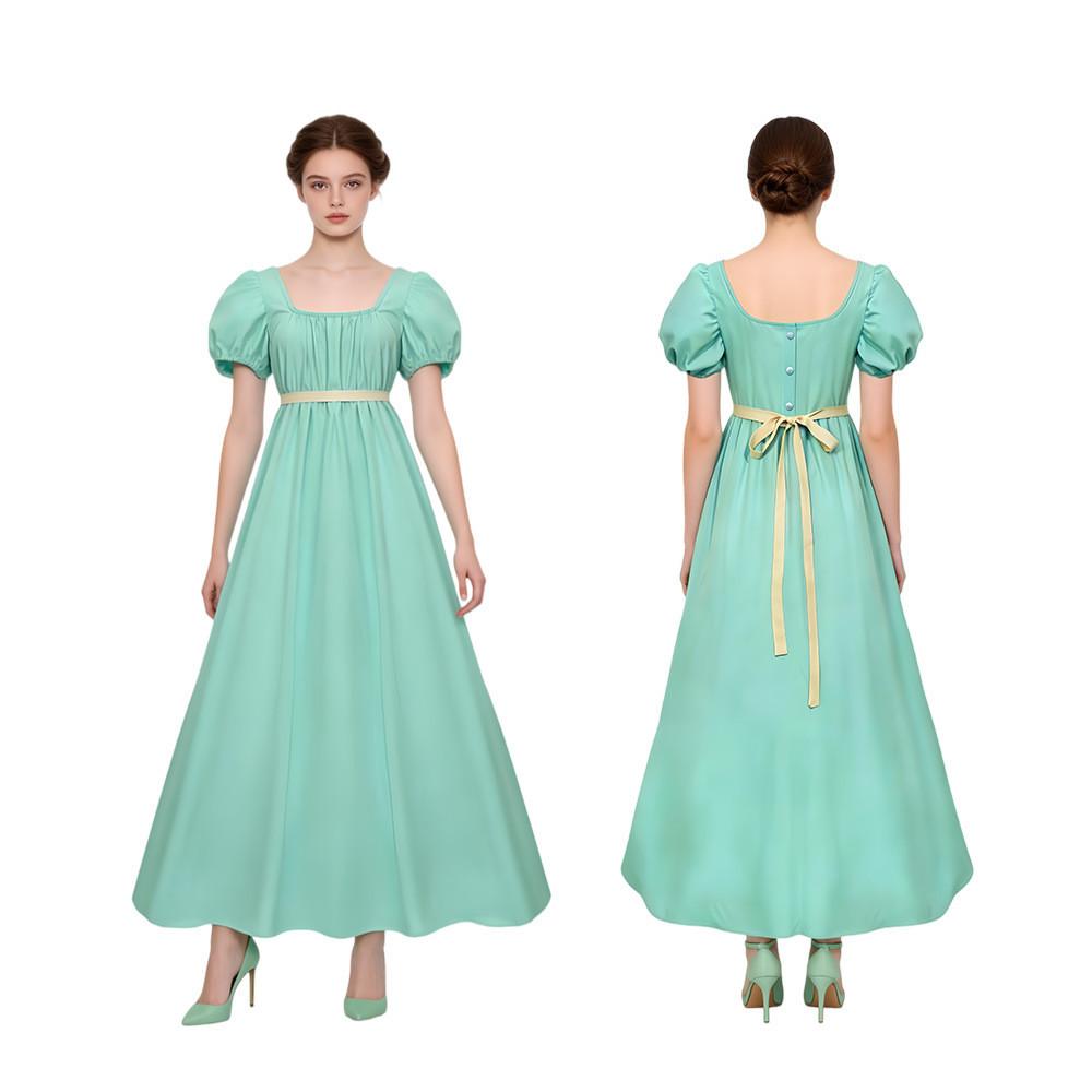 Regency Style Long Dress With Bubble Sleeves In Multiple Colors For Historical Reenactments And Events